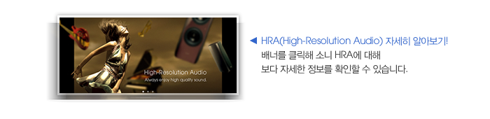 HRA(High-Resolution Audio) 자세히 알아보기! 배너를 클릭해 소니 HRA에 대해 보다 자세한 정보를 확인할 수 있습니다.