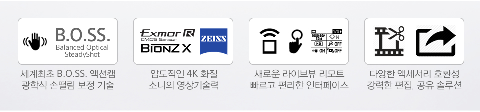 세계최초 B.O.SS. 액션캠 광학식 손떨림 보정 기술 압도적인 4K 화질 소니의 영상기술력 새로운 라이브뷰 리모트 빠르고 편리한 인터페이스 다양한 액세서리 호환성 강력한 편집, 공유 솔루션