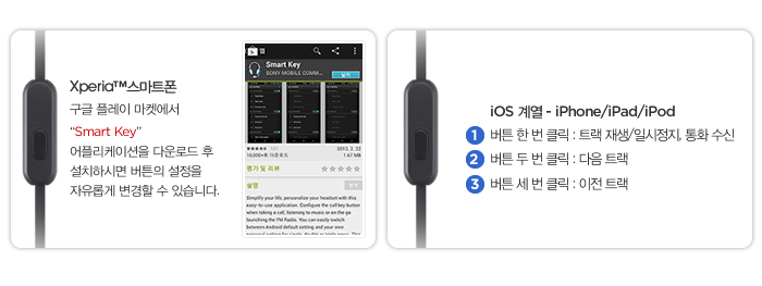 안드로이드 계열 스마트폰 
구글 플레이 마켓에서 Smart Key 어플리케이션을 다운로드 후 설치하시면 버튼의 설정을 
자유롭게 변경할 수 있습니다.  / iOS 계열 - iPhone/iPad/iPod 
버튼 한 번 클릭 : 트랙 재생/일시정지, 통화 수신 
버튼 두 번 클릭 : 다음 트랙 
버튼 세 번 클릭 : 이전 트랙 

