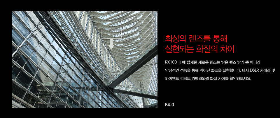 최상의 렌즈를 통해 실현되는 화질의 차이 : RX100 Ⅲ에 탑재된 새로운 렌즈는 밝은 렌즈 밝기 뿐 아니라 안정적인 성능을 통해 뛰어난 화질을 실현합니다. 타사 DSLR 카메라 및 하이엔드 컴팩트 카메라와의 화질 차이를 확인해보세요.