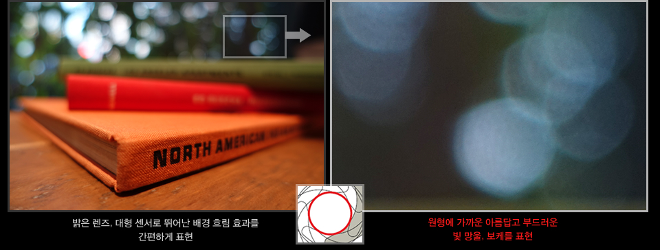 밝은 렌즈, 대형 센서로 뛰어난 배경 흐림 효과를 간편하게 표현/원형에 가까운 아름답고 부드러운 빛 망울, 보케를 표현