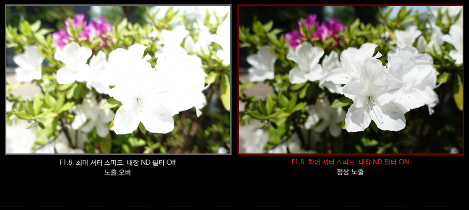 F1.8, 최대 셔터 스피드, 내장 ND 필터 Off 노출 오버 / F1.8, 최대 셔터 스피드, 내장 ND 필터 ON 정상 노출