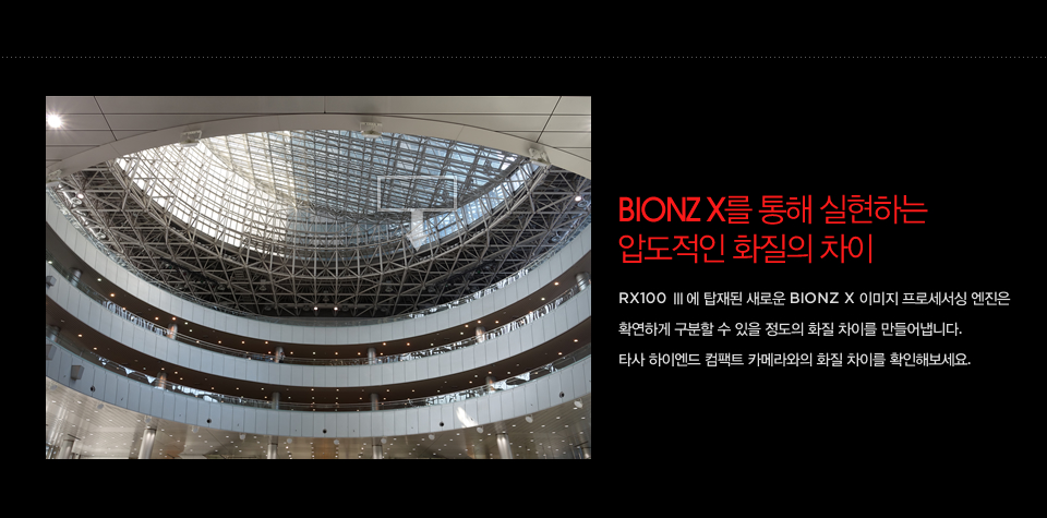 BIONZ X를 통해 실현하는
압도적인 화질의 차이 : RX100 Ⅲ에 탑재된 새로운 BIONZ X 이미지 프로세서싱 엔진은 확연하게 구분할 수 있을 정도의 화질 차이를 만들어냅니다. 타사 하이엔드 컴팩트 카메라와의 화질 차이를 확인해보세요.