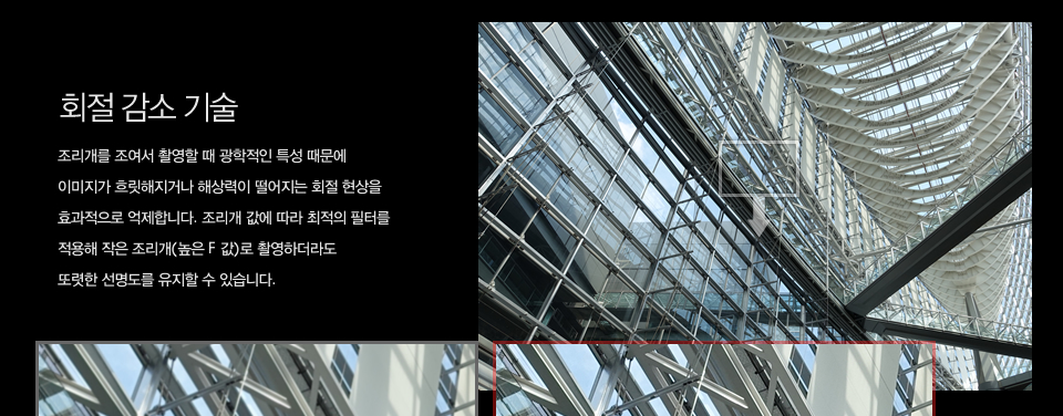 회절 감소 기술, 조리개를 조여서 촬영할 때 광학적인 특성 때문에 이미지가 흐릿해지거나 해상력이 떨어지는 회절 현상을 효과적으로 억제합니다. 조리개 값에 따라 최적의 필터를 적용해 작은 조리개(높은 F 값)로 촬영하더라도 또렷한 선명도를 유지할 수 있습니다.