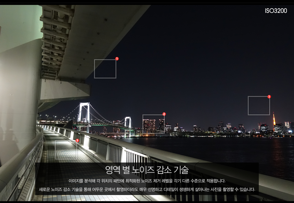 영역 별 노이즈 감소 기술 : 이미지를 분석해 각 위치의 패턴에 최적화된 노이즈 제거 레벨을 각기 다른 수준으로 적용합니다. 새로운 노이즈 감소 기술을 통해 어두운 곳에서 촬영하더라도 매우 선명하고 디테일이 생생하게 살아나는 사진을 촬영할 수 있습니다.
