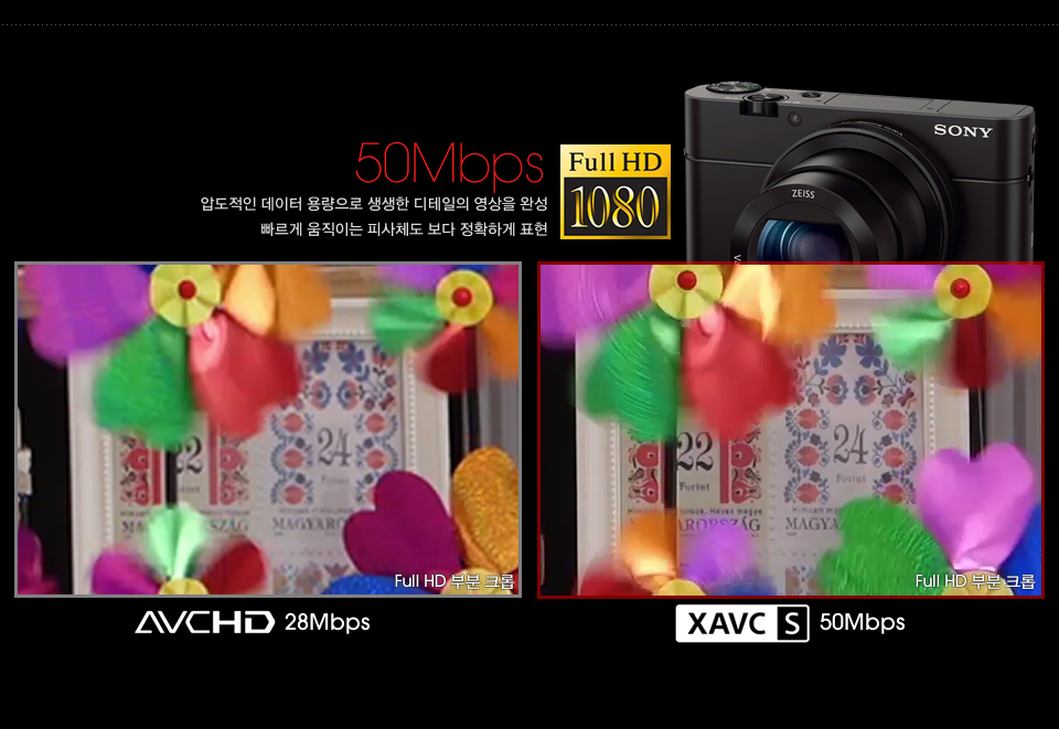 50Mbps, 압도적인 데이터 용량으로 생생한 디테일의 영상을 완성 빠르게 움직이는 피사체도 보다 정확하게 표현 