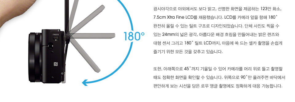 광시야각으로 야외에서도 보다 밝고, 선명한 화면을 제공하는 123만 화소, 7.5cm Xtra Fine LCD를 채용했습니다. LCD를 카메라 앞을 향해 180˚ 완전히 올릴 수 있는 틸트 구조로 디자인되었습니다. 단체 사진도 찍을 수 있는 24mm의 넓은 광각, 아름다운 배경 흐림을 만들어내는 밝은 렌즈와 대형 센서 그리고 180˚ 틸트 LCD까지, 마음에 쏙 드는 셀카 촬영을 손쉽게 즐기기 위한 모든 것을 갖추고 있습니다. 또한, 아래쪽으로 45˚까지 기울일 수 있어 카메라를 머리 위로 들고 촬영할 때도 정확한 화면을 확인할 수 있습니다. 위쪽으로 90˚만 올려주면 바닥에서 편안하게 보는 시선을 담은 로우 앵글 촬영에도 정확하게 대응 가능합니다.