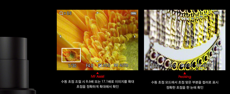 MF Assist : 수동 초점 조절 시 8.6배 또는 17.1배로 이미지를 확대 초점을 정확하게 확대해서 확인/ Peaking : 수동 초점 모드에서 초점 맞은 부분을 컬러로 표시 정확한 초점을 한 눈에 확인  