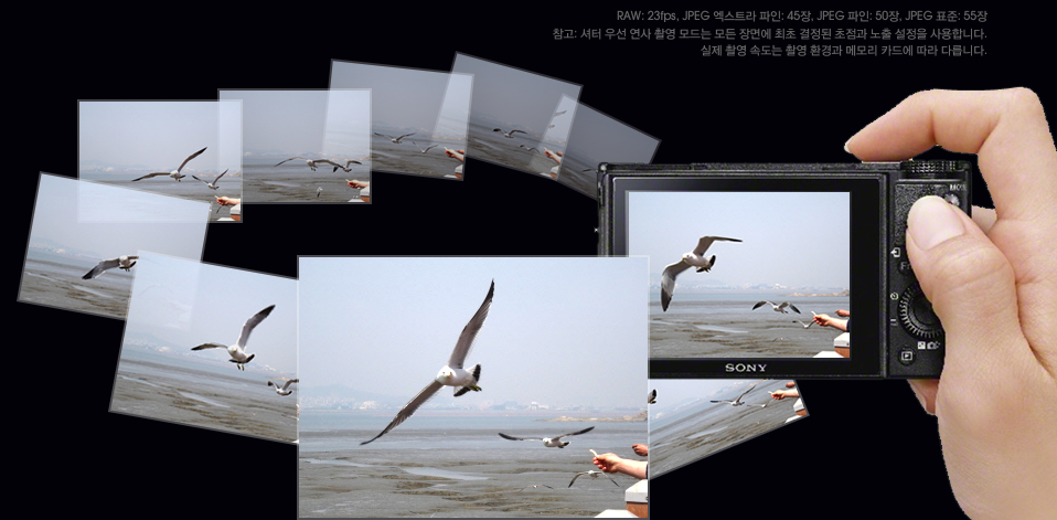 RAW: 23fps, JPEG 엑스트라 파인: 45장, JPEG 파인: 50장, JPEG 표준: 55장, 참고: 셔터 우선 연사 촬영 모드는 모든 장면에 최초 결정된 초점과 노출 설정을 사용합니다. 실제 촬영 속도는 촬영 환경과 메모리 카드에 따라 다릅니다. 