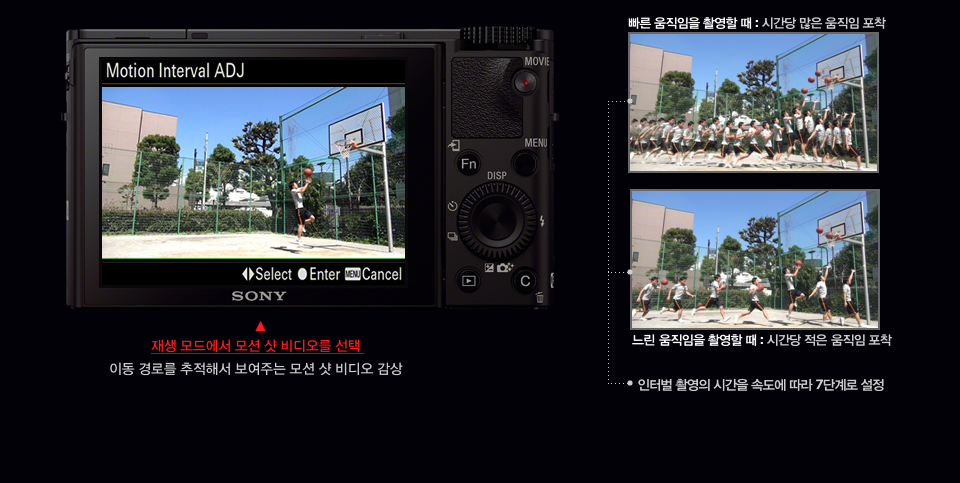 재생 모드에서 모션 샷 비디오를 선택 이동 경로를 추적해서 보여주는 모션 샷 비디오 감상 (빠른 움직임을 촬영할 때 : 시간당 많은 움직임 포착 / 느린 움직임을 촬영할 때 : 시간당 적은 움직임 포착 / 인터벌 촬영의 시간을 속도에 따라 7단계로 설정)