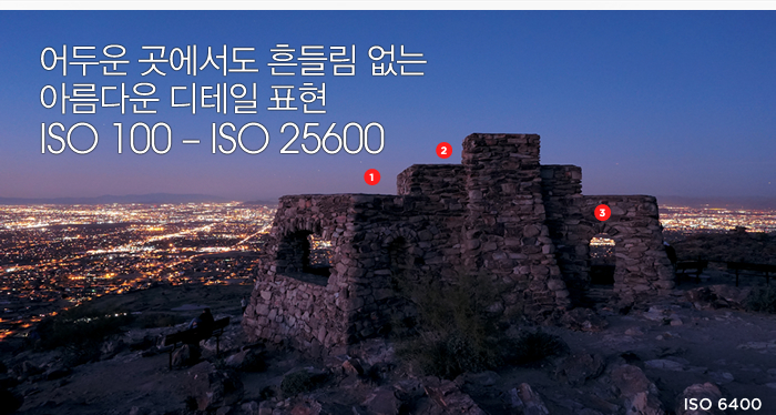 어두운 곳에서도 흔들림 없는 아름다운 디테일 표현 ISO 100 – ISO 25600