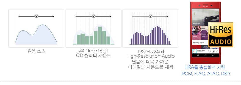 HRA 그래프 비교 이미지 HRA를 충실하게 지원 LPCM, FLAC, ALAC, DSD
