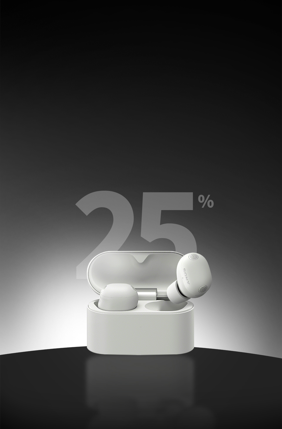 배경에 커다란 '25%' 글자가 적혀 있고, 열려 있는 충전 케이스와 플래티넘 실버 색상의 소니 무선 이어폰이 배치된 프로모션 이미지