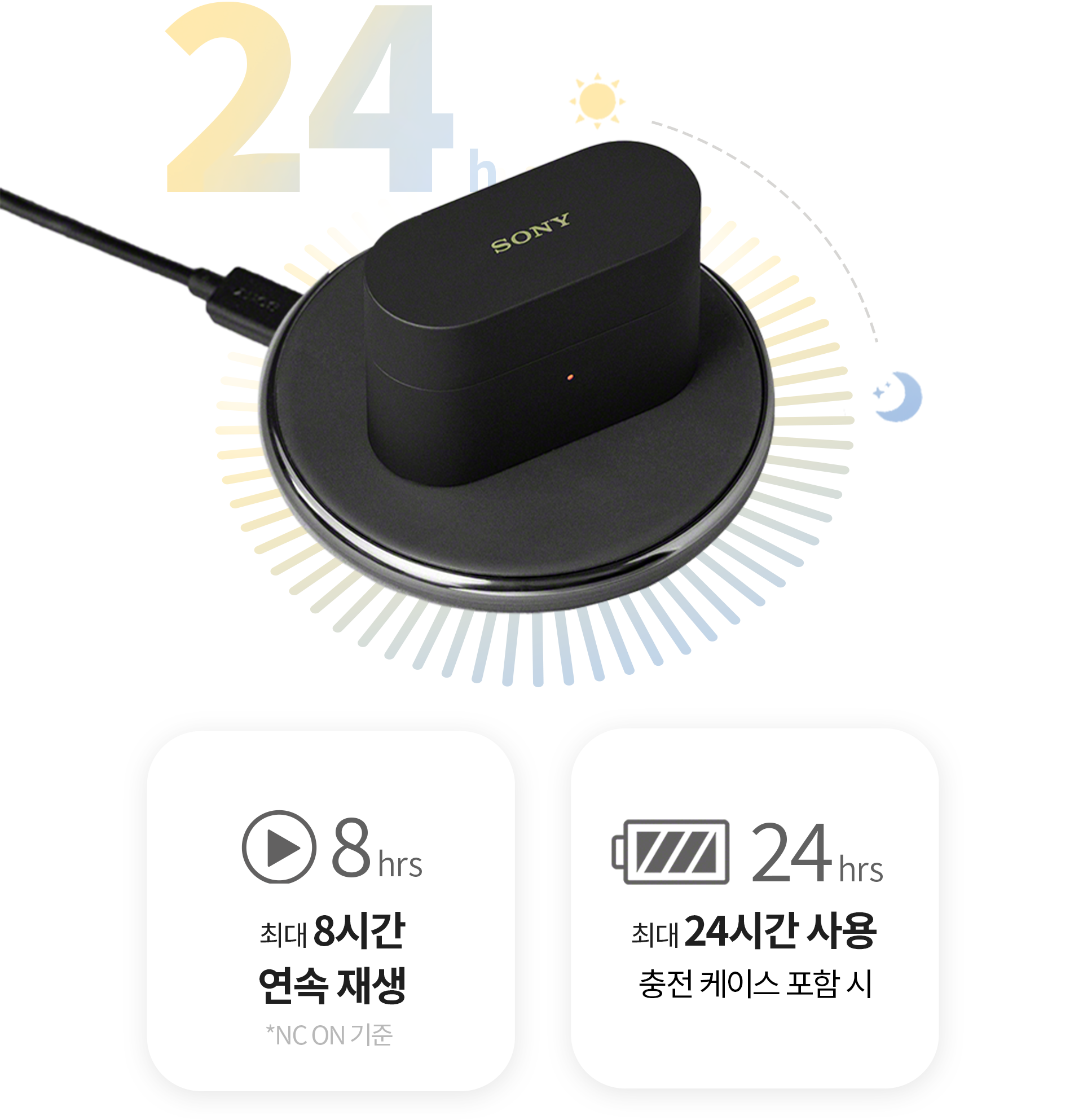 최대 8시간 연속 재생*NC ON기준, 최대 24시간 사용 충전 케이스 포함시