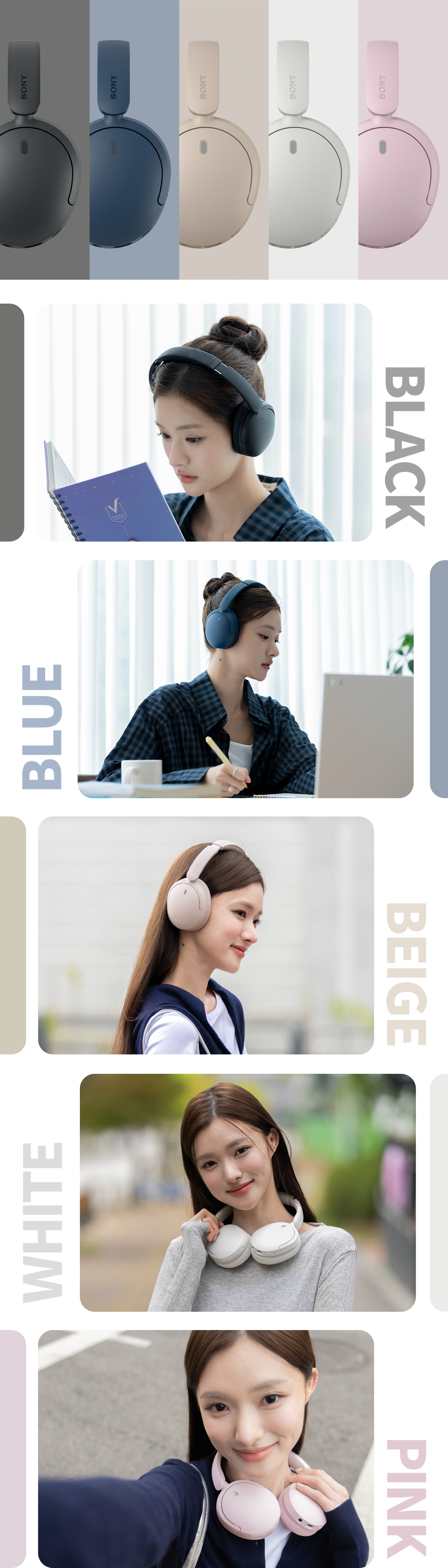 �Ҵ� ������� �پ��� ����� ���� �̹���. BLACK, BLUE, BEIGE, WHITE, PINK